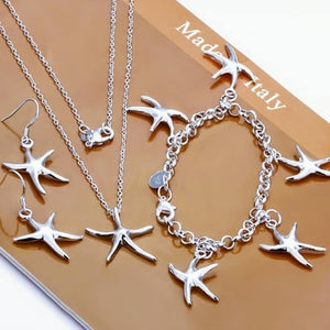 3 piece silver tone starfish necklace, earrings and bracelet set