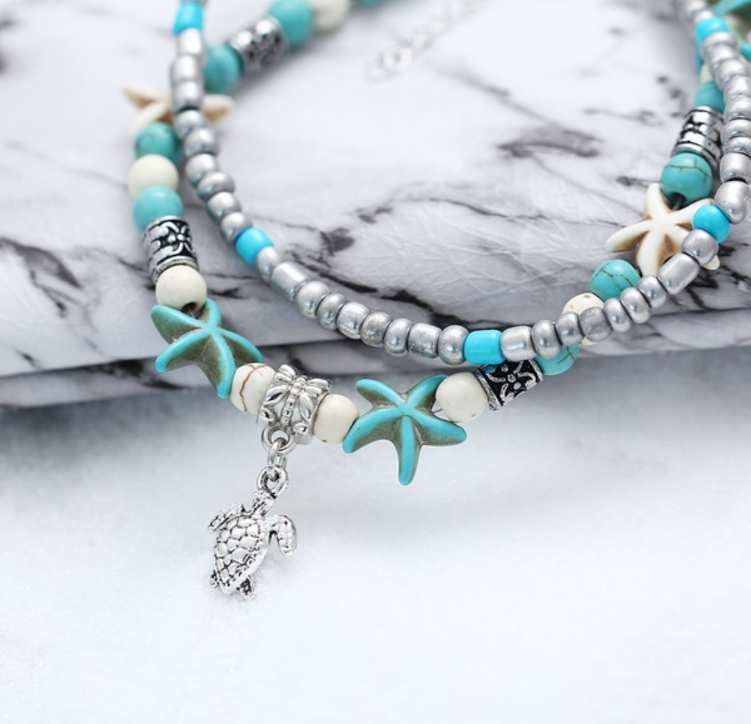 Turquoise starfish & turtle anklet