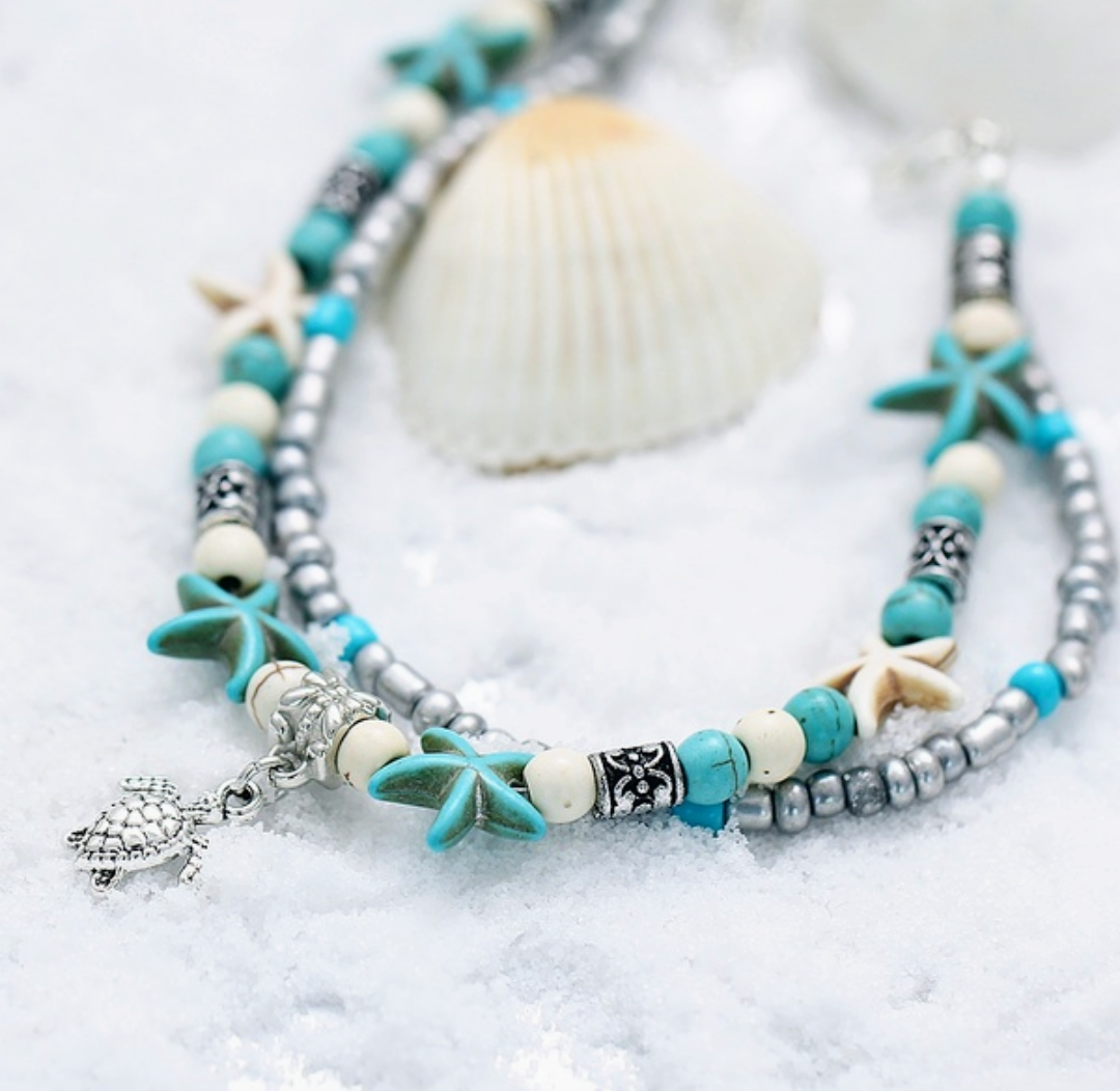 Turquoise starfish & turtle anklet