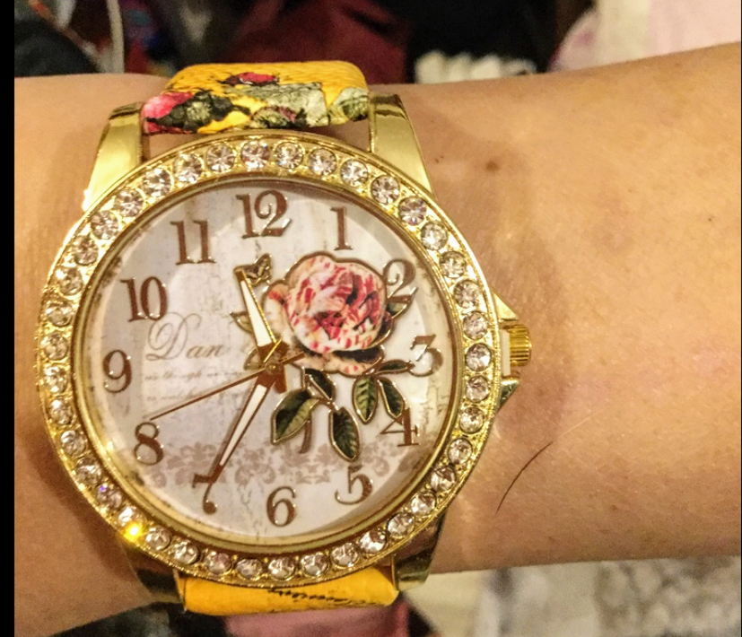 Yellow Rhinestone rose band bling watch