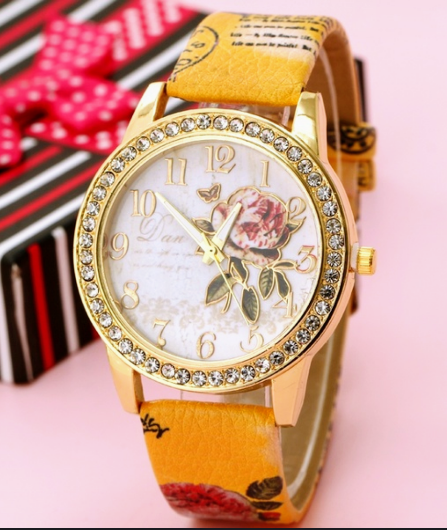 Yellow Rhinestone rose band bling watch