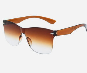 Light-weight, frameless, amber rimless sunglasses.