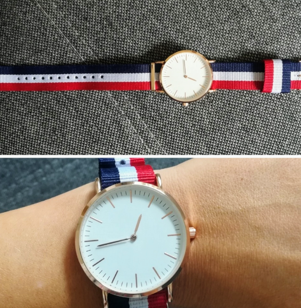 Red, white and blue striped canvas watch