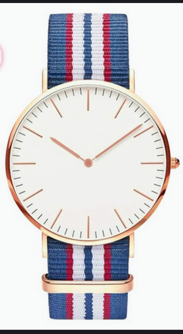 Bright, red, white, and blue thin stripe watch, trimmed in gold tone