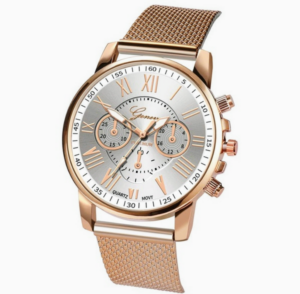 Rose gold tone band watch, with smooth pearl white face