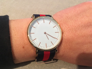 Red and Navy striped canvas watch.