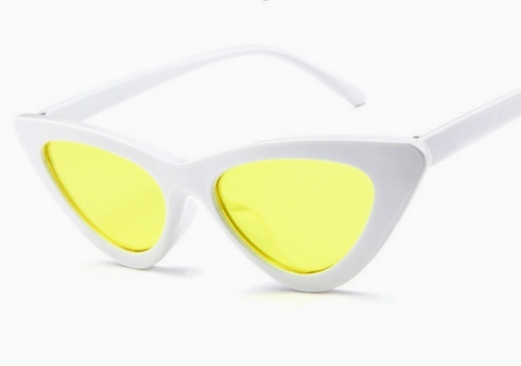 Slim fit white cat eye sunglasses with yellow tinted lens