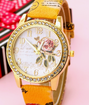 Yellow Rhinestone rose band bling watch