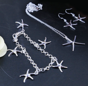 3 piece silver tone starfish necklace, earrings and bracelet set