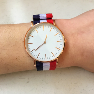 Red, white and blue striped canvas watch