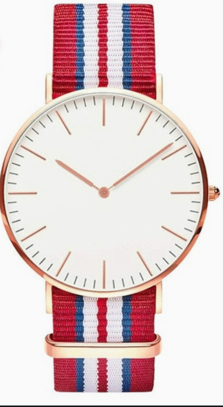 Vibrant red, white & thin blue striped watch, trimmed in rose gold tone. Fabulous.