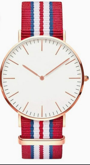 Vibrant red, white & thin blue striped watch, trimmed in rose gold tone. Fabulous.