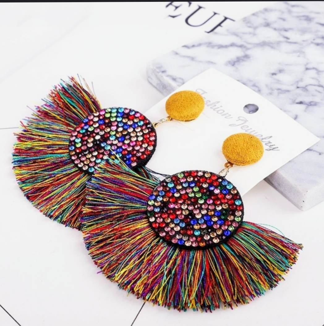 Beautiful, colorful Bohemian, rhinestone tassel earrings