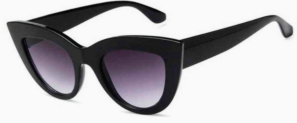 Black, classic cat eye sunglasses, with deep plum tinted lens