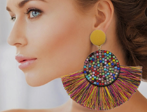 Beautiful, colorful Bohemian, rhinestone tassel earrings