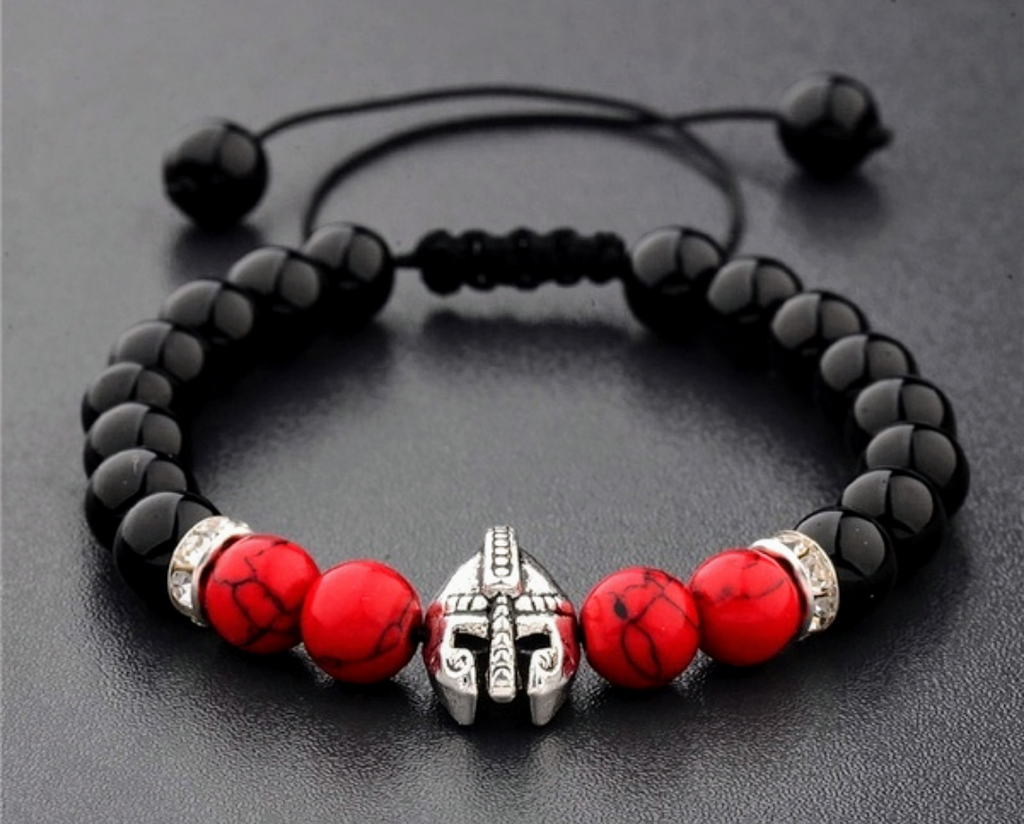 Men's black & red Spartan, Gladiator beaded bracelet with silver tone and rhinestone accents