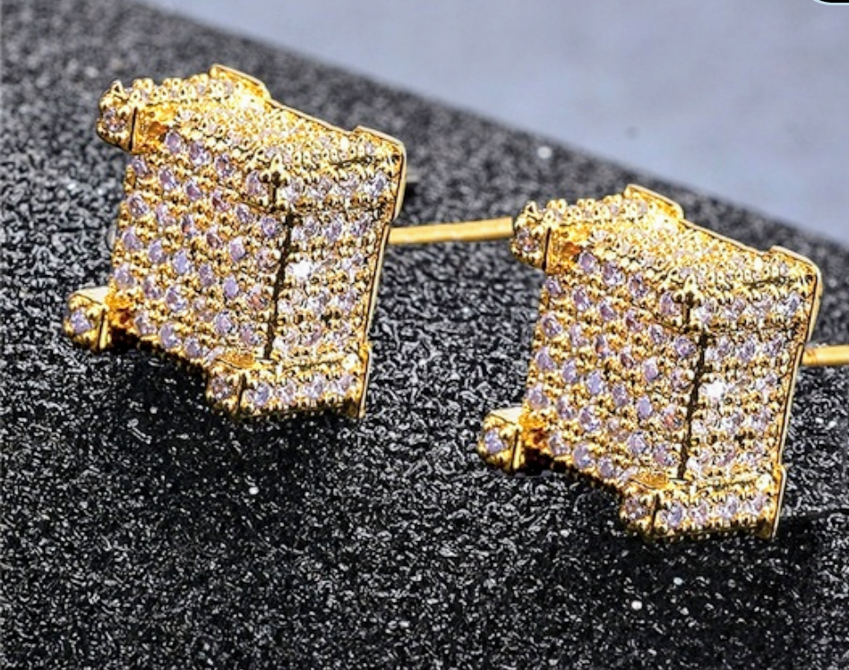 "Squared Off" cubed rhinestone earrings set in gold tone.