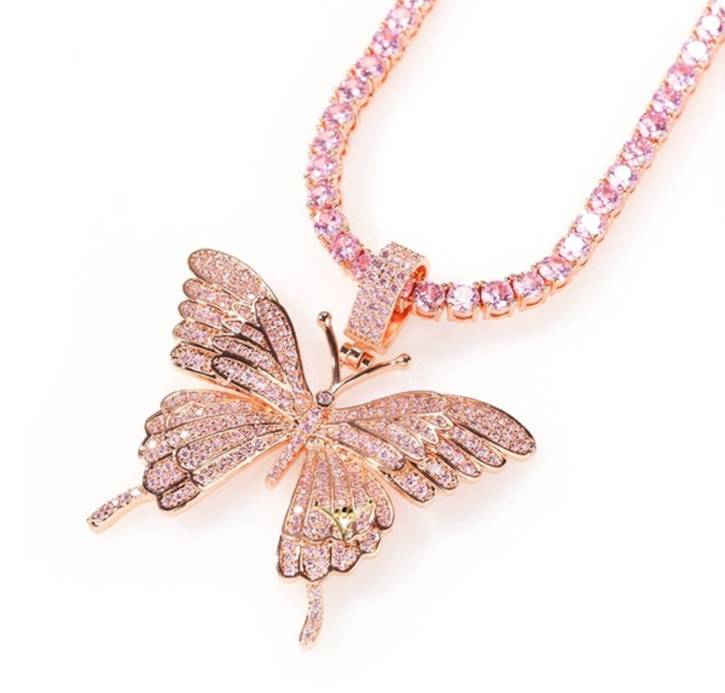 "Light Pink Lemonade" Beautiful large bling butterfly necklace. Rhinestone chain included.