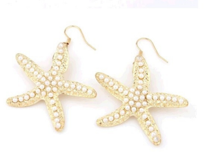 Lovely gold tone pearl dangle starfish earrings