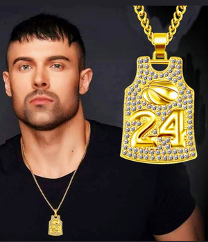 #24 Kobe Greatness basketball jersey necklace. Bling gold tone.