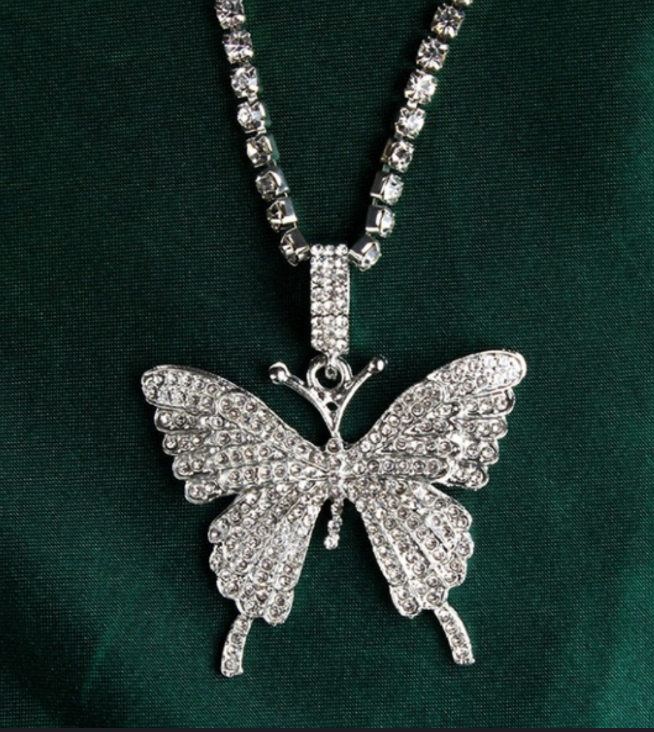 Silver tone bling Crystal butterfly necklace on rhinestone chain