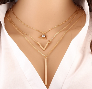 Luxury three-layer gold tone necklace w dangling crystal