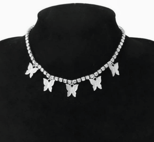 Beautiful silver rhinestone butterfly choker necklace