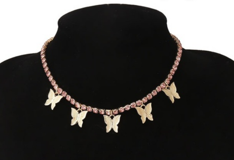 Pink ice rhinestone butterfly choker necklace