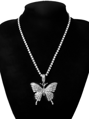 Silver tone bling Crystal butterfly necklace on rhinestone chain