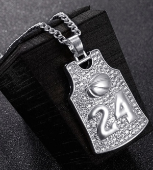 #24 Kobe Greatness basketball jersey necklace. Bling silver tone.