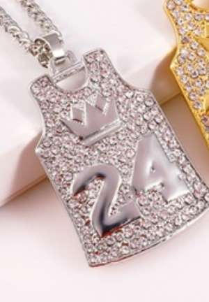 #24 "Crowned Kobe" bling basketball jersey necklace. Silver tone.