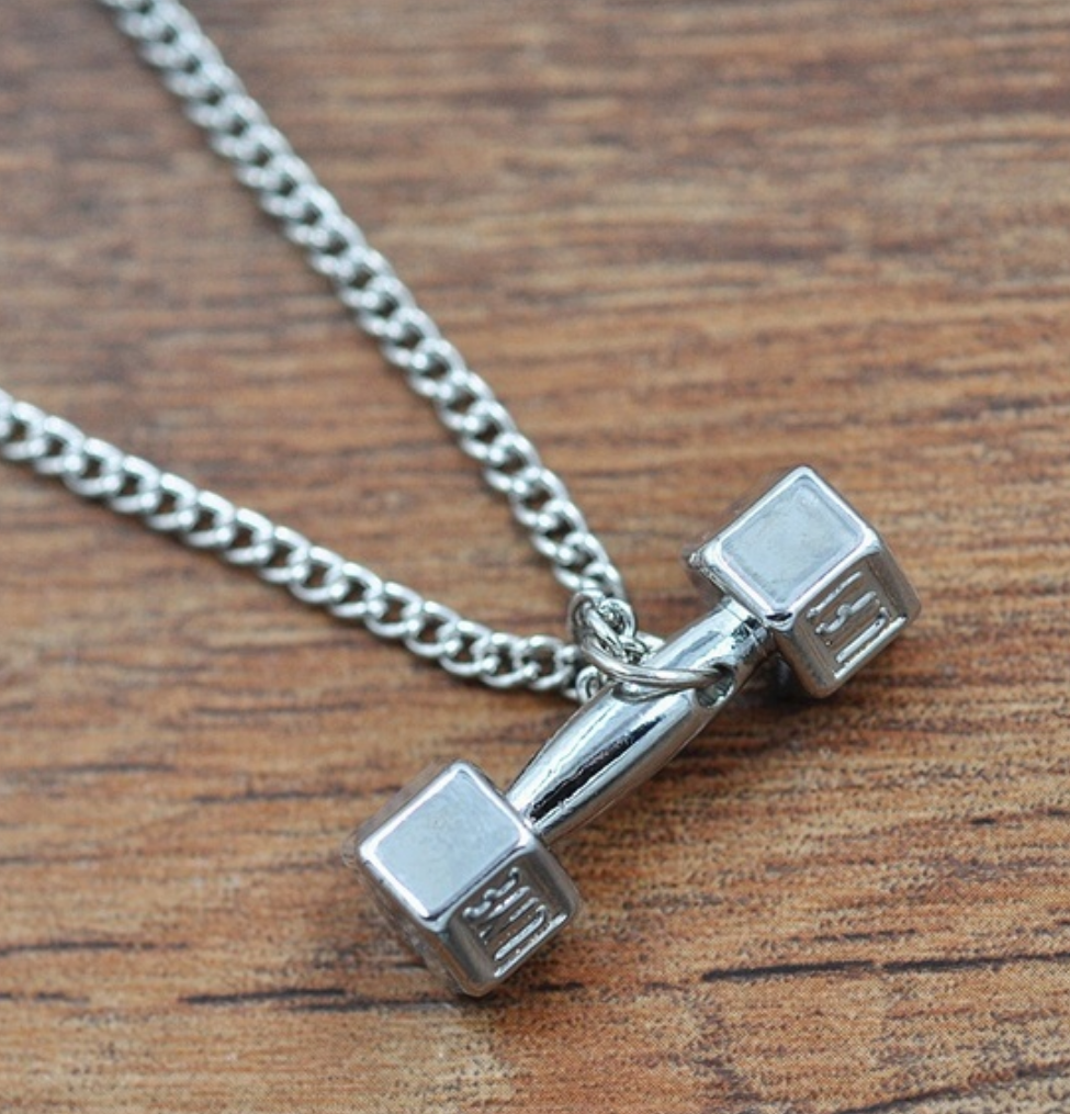 "Work It Out" silver tone dumbbell necklace