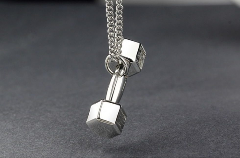 "Work It Out" silver tone dumbbell necklace