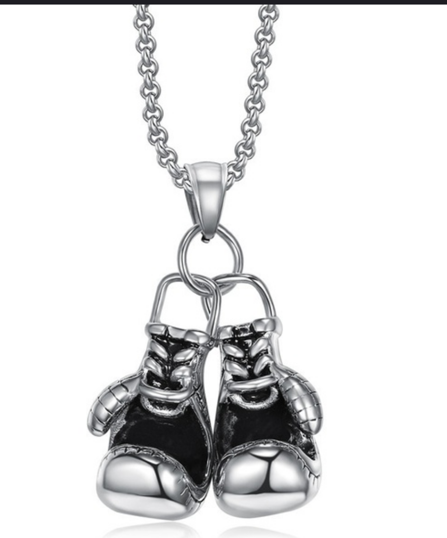 Heavyweight silver tone boxing gloves necklace