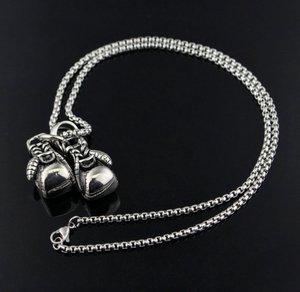 Heavyweight silver tone boxing gloves necklace