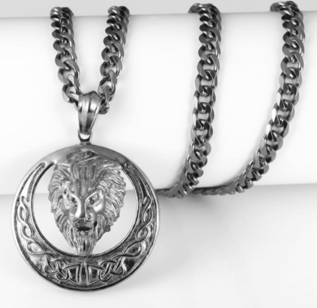 Silver tone Lions head necklace on link chain