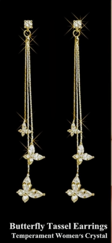 Delicate Crystal butterfly chandelier earrings gold tone