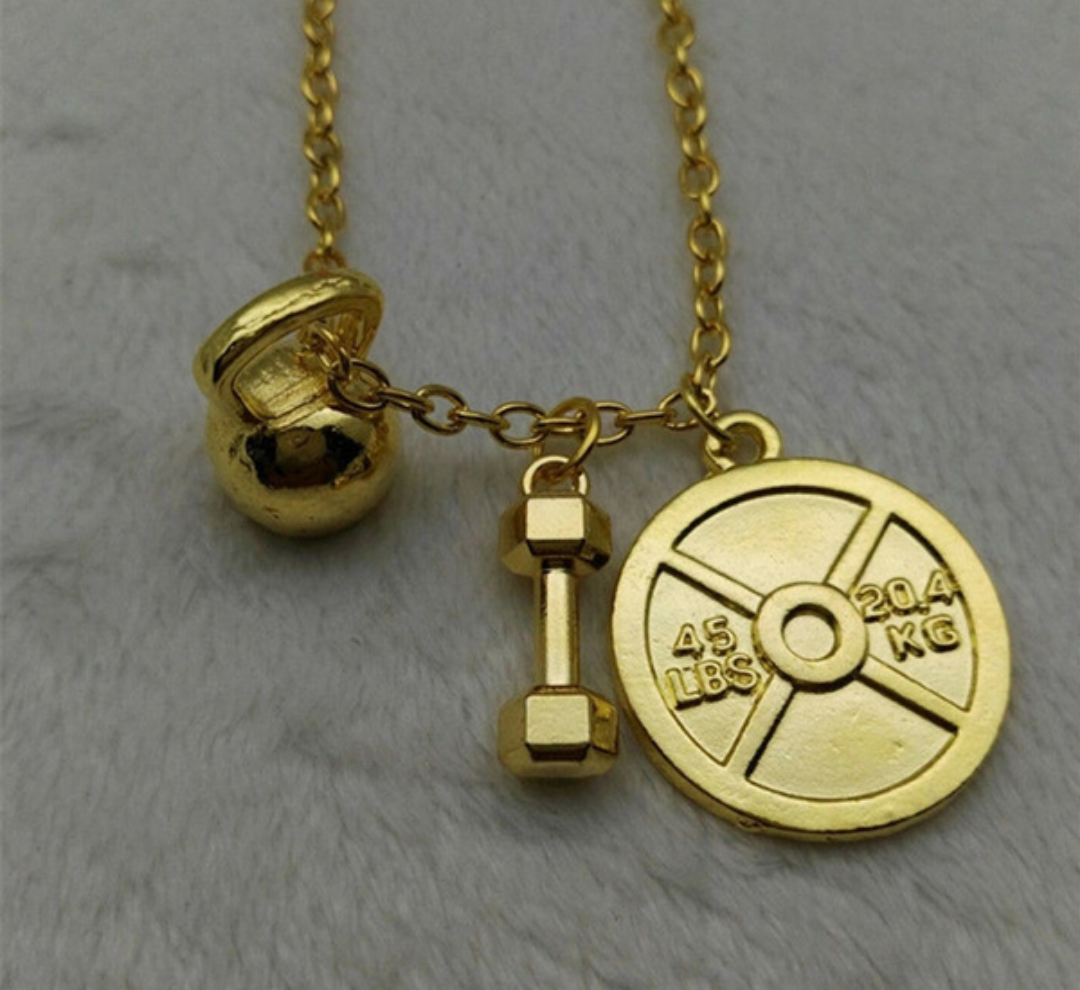 Barbell plate, kettlebell & dumbbell gold tone necklace