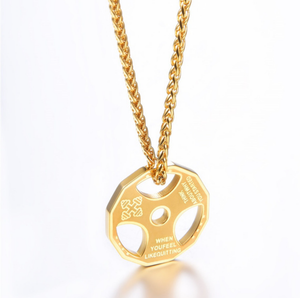 Gold tone weight plate necklace