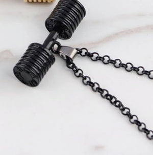 "Gym Head" glossy black dumbbell necklace