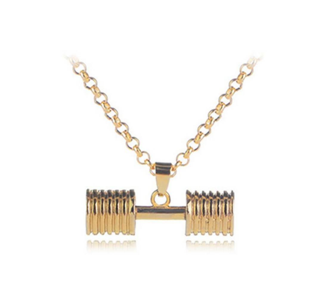 "Gym Head" glossy gold tone dumbbell necklace