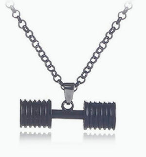 "Gym Head" glossy black dumbbell necklace