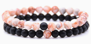 2 pc set Natural Stone beaded bracelet set. Peach Taupe Black