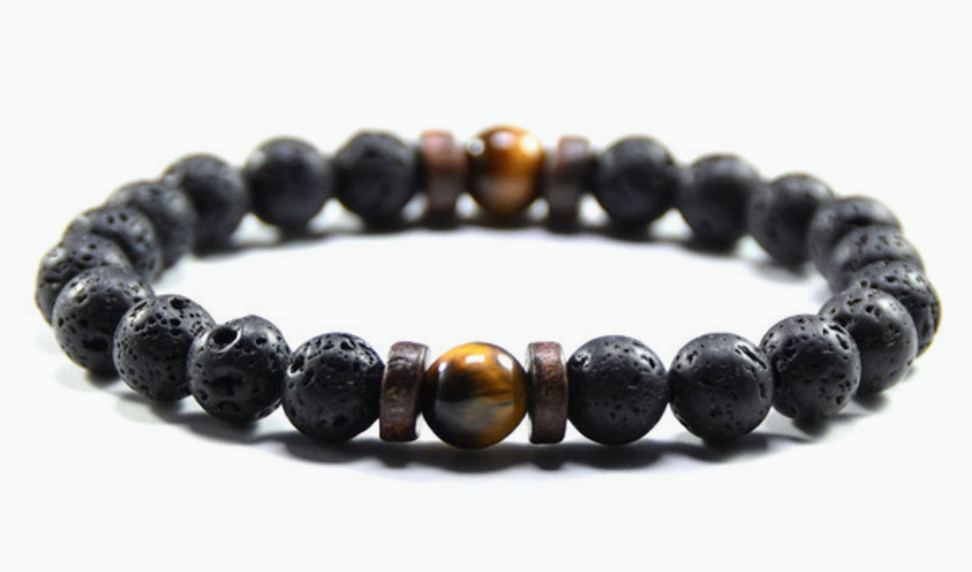 Natural black stone bracelet with glazed Brown accents