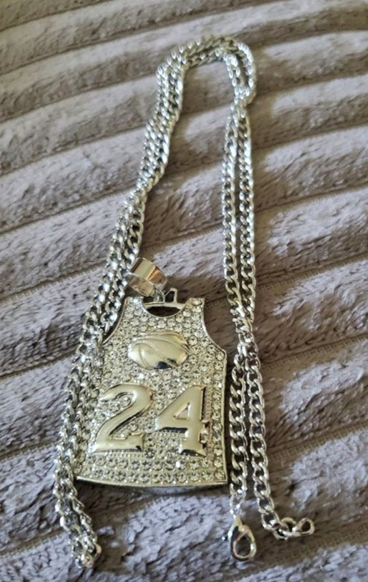 #24 Kobe Greatness basketball jersey necklace. Bling silver tone.