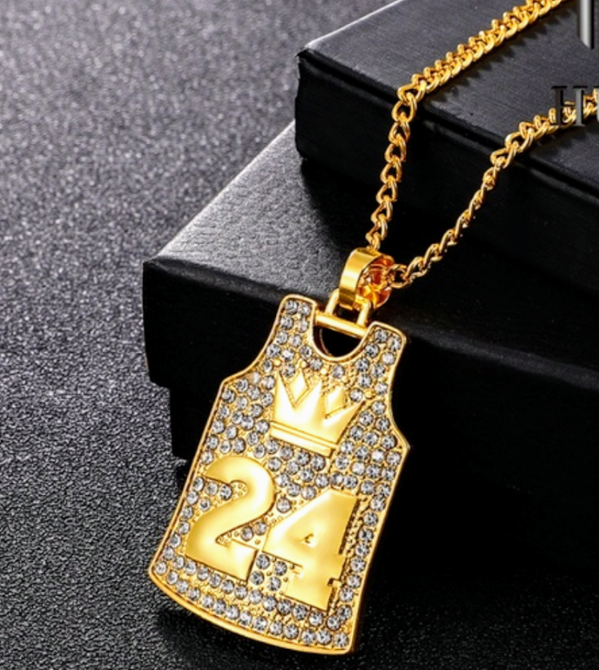 #24 "Crowned Kobe" bling basketball jersey necklace. Gold tone.