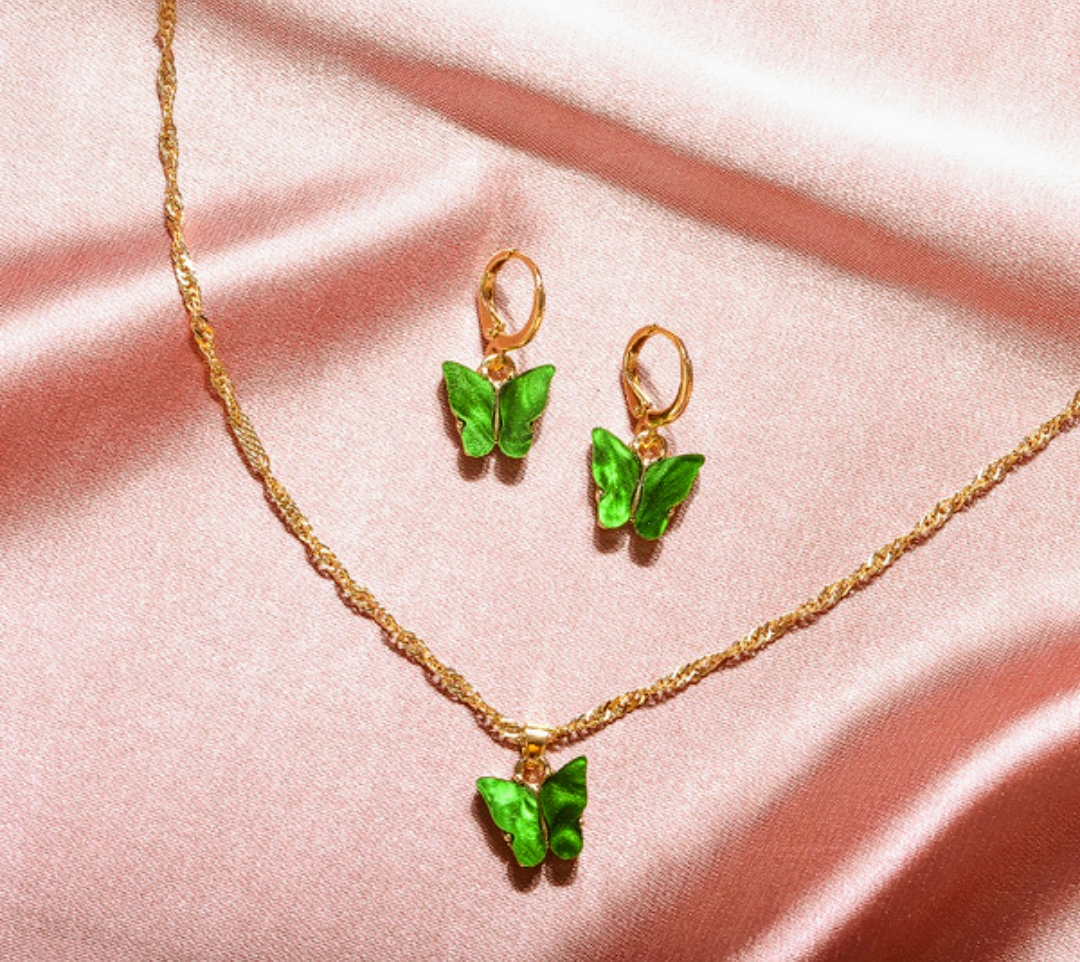 Emerald Green Butterfly Necklace & Earrings set