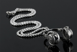 "DJ Cool's" silver tone headphones necklace