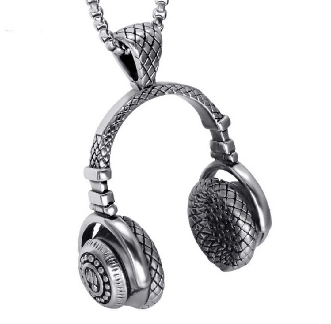 "DJ Cool's" silver tone headphones necklace