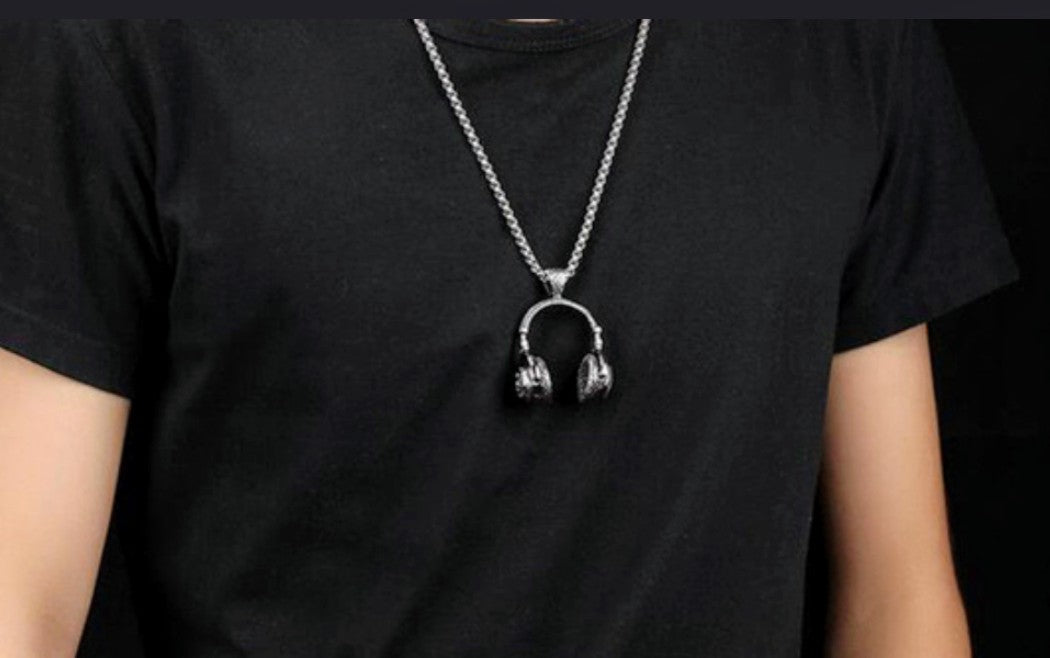 "DJ Cool's" silver tone headphones necklace